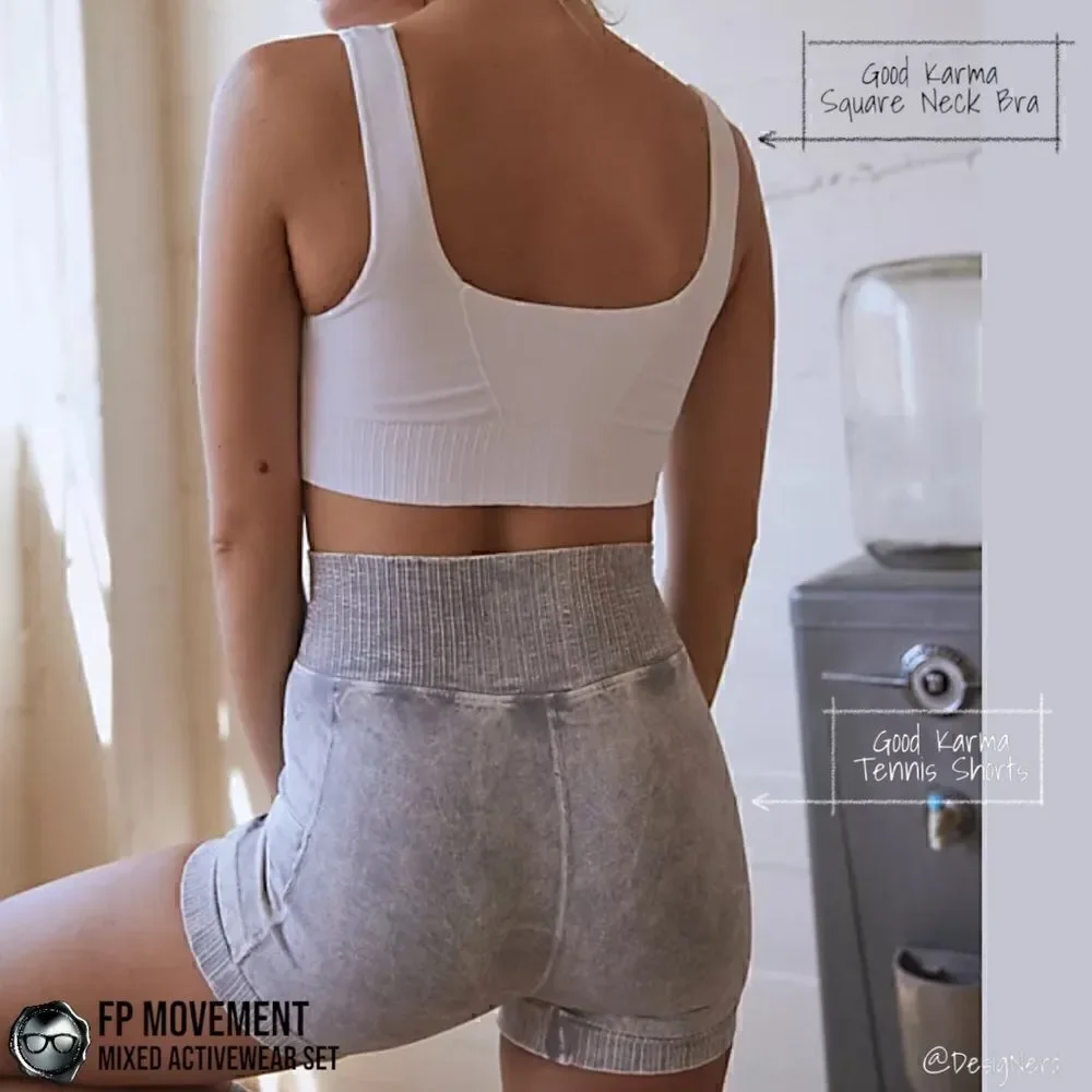 FP MOVEMENT SET GOOD KARMA SQUARE NECK BRA + TENNIS SHORTS + HAPPINESS RUNS CROP